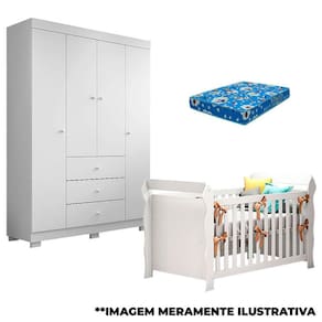 Berço Americano Lara e Guarda Roupa Duda 4 Portas Branco Brilho com Colchão – Phoenix Baby