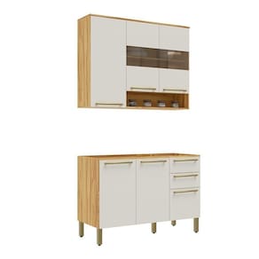 Cozinha Compacta 100% Mdf Com 2 Peças 6 Portas 2 Gavetas Napoli Prime Rio Doce Amendoa-off White