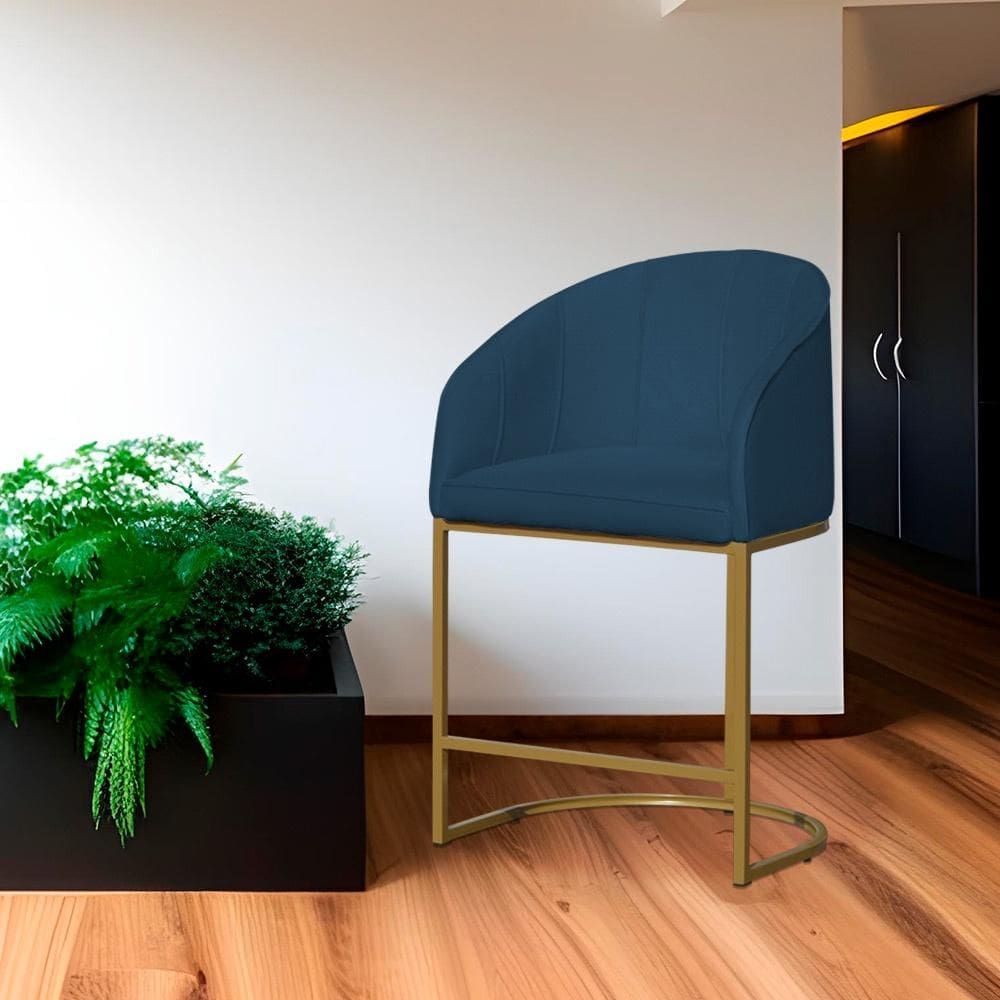 Poltrona Banqueta Decorativa Base Metal Mia Suede Azul Royal - LM DECOR