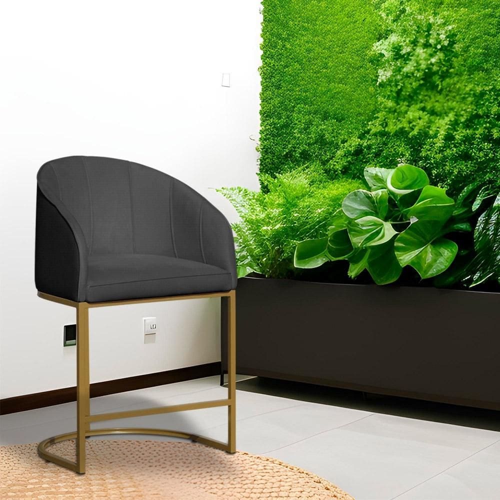Poltrona Banqueta Decorativa Base Metal Mia Suede Cinza - LM DECOR