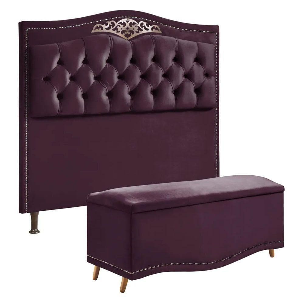 Conjunto Cabeceira E Calçadeira Holanda 90cm Veludo Star Confort Roxo