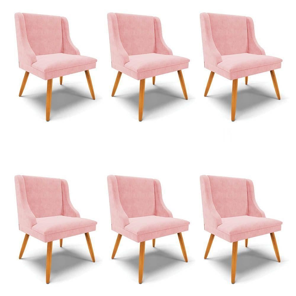 Kit 6 Cadeiras Estofadas Para Sala De Jantar Pés Palito Lia Suede Rosa Bebê - Ibiza