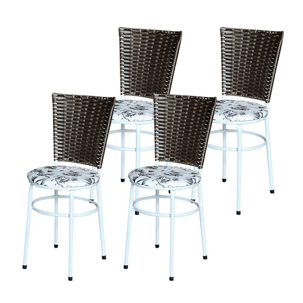 4 Cadeiras Para Mesa Branca Hawai Marrom Assento Floral Cor:floral Branco