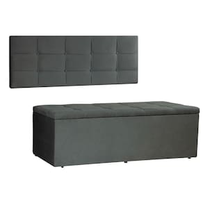 Kit Painel E Calçadeira Baú Casal 1,40m Roma Suede - Pallazio Cor Cinza