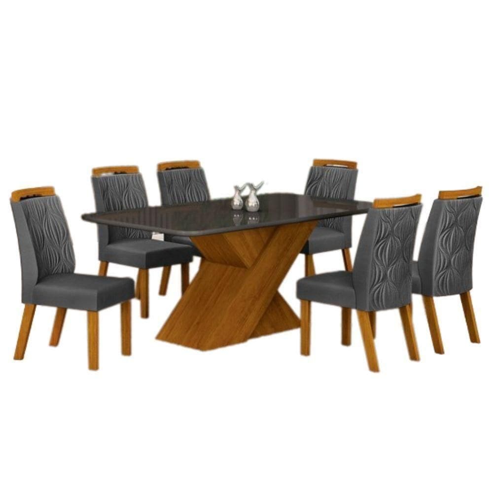 Conjunto Sala De Jantar Ilhéus Chumbo 1,80 M Com 6 Cadeiras Veludo Chumbo