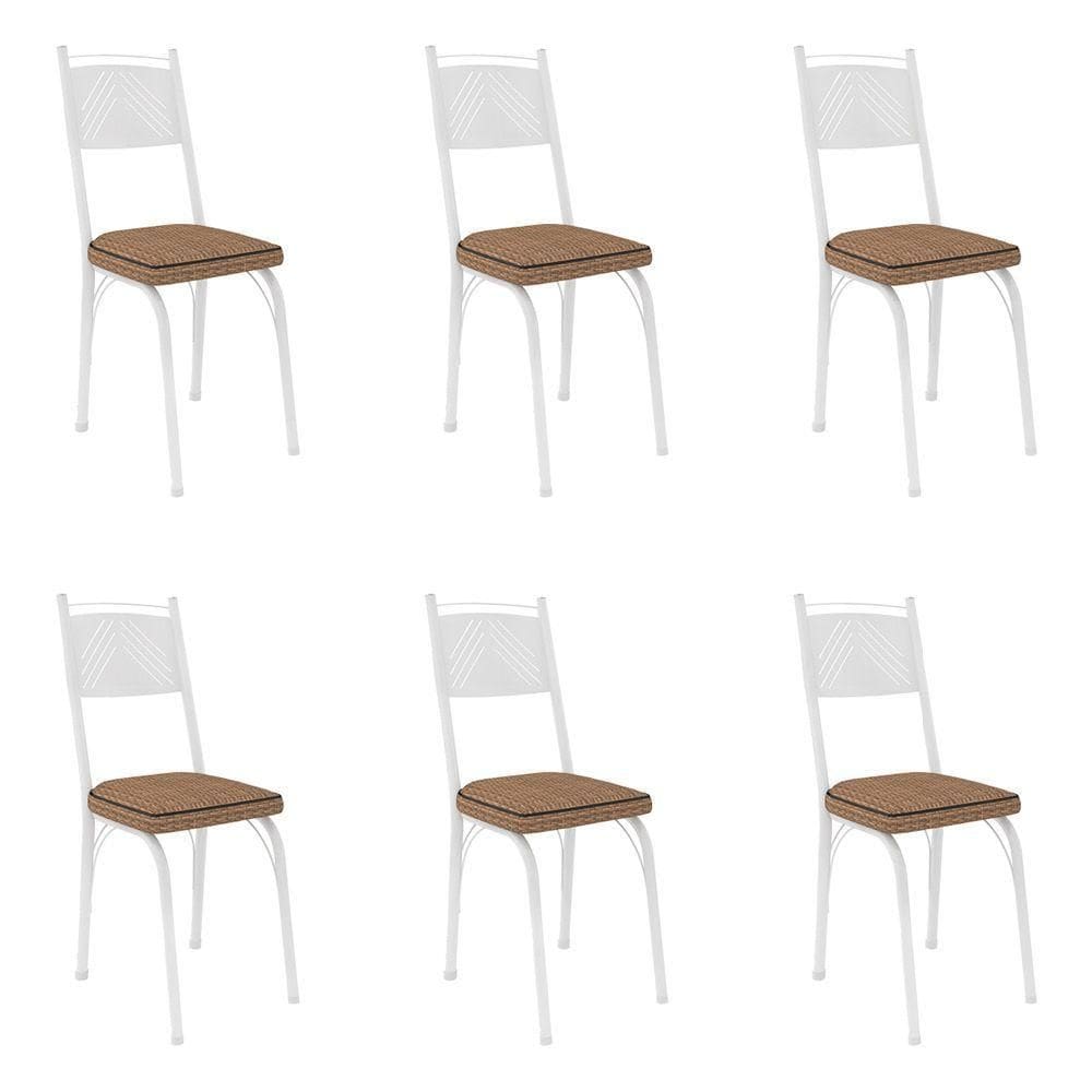 Kit 6 Cadeiras De Cozinha Virginia Estampado Rattan Bege Pés De Ferro Branco