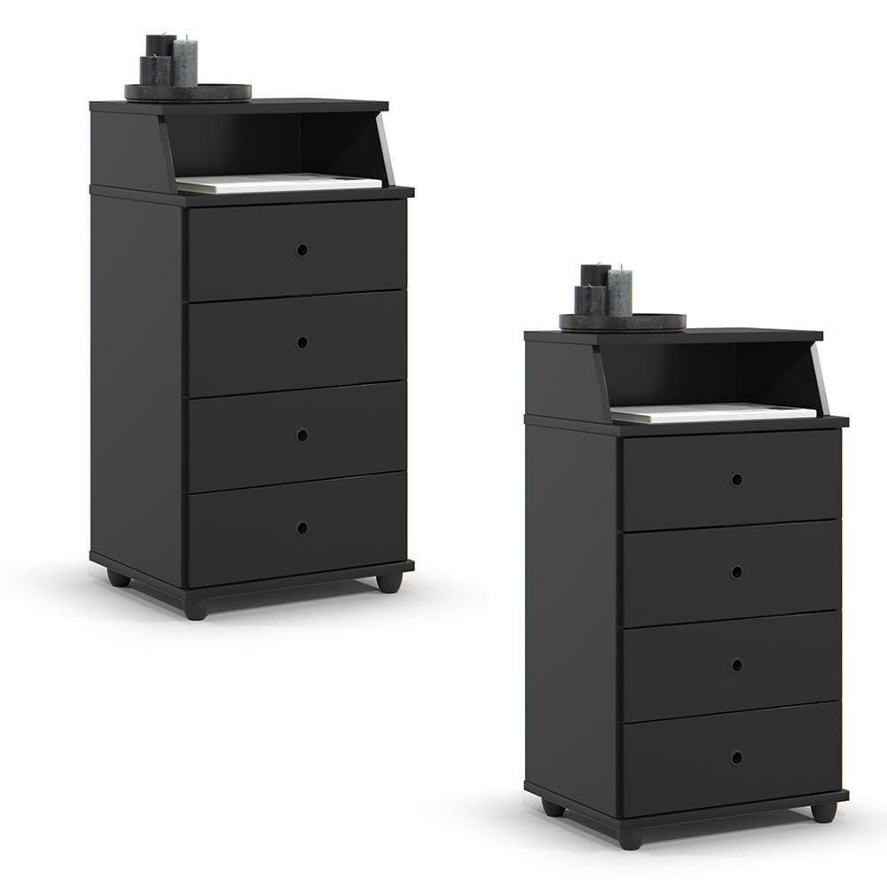 Conjunto De 2 Mesa De Cabeceira Luxo Ii New Com 4 Gavetas Preto Preto