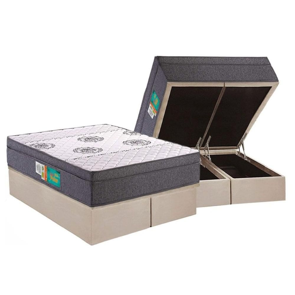 Cama Box Baú Queen: Colchão Espuma Polar D33 Pérola Euro Pillow + Base CRC Suede Clean(158x198)