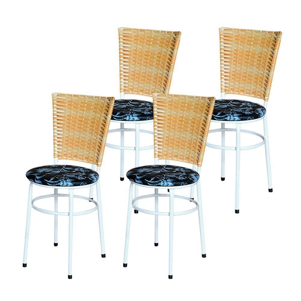 4 Cadeiras Para Mesa Branca Hawai Palha Com Assento Floral Cor:floral Preto