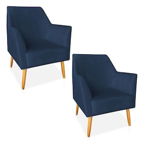 Kit 02 Poltronas Decorativa Julia Veludo Azul Marinho Pés Palito Castanho