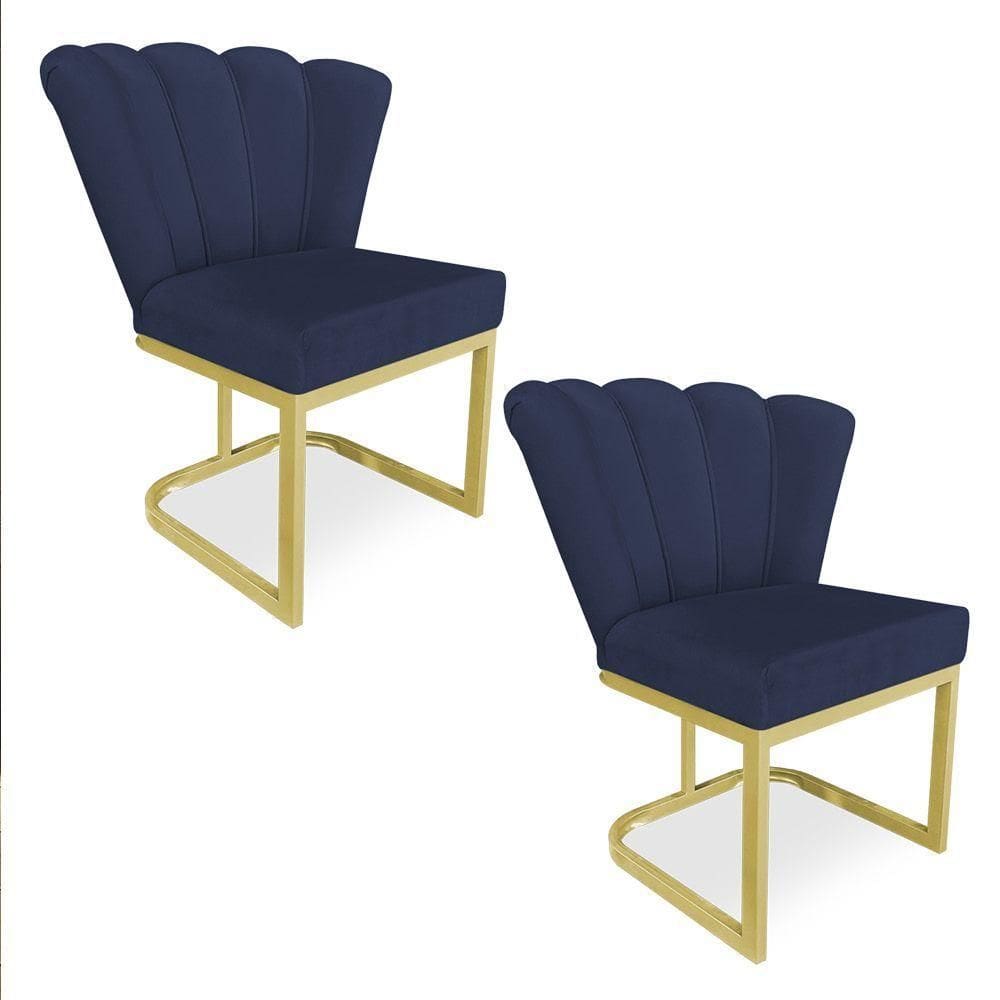 Kit 02 Poltronas Flor Veludo Base Metálica Industrial Dourado - Pallazio Cor Azul Marinho