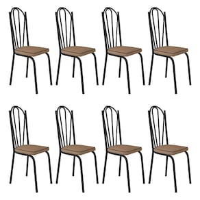 Kit 8 Cadeiras De Cozinha Alabama Estampado Rattan Bege Pés De Ferro Preto