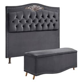 Conjunto Cabeceira E Calçadeira Holanda 90cm Veludo Speciale Home Cinza Chumbo