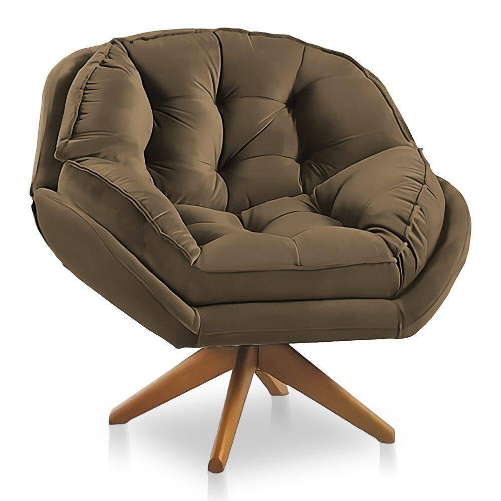 Poltrona Giratória Chicago Veludo Cappuccino Base De Madeira