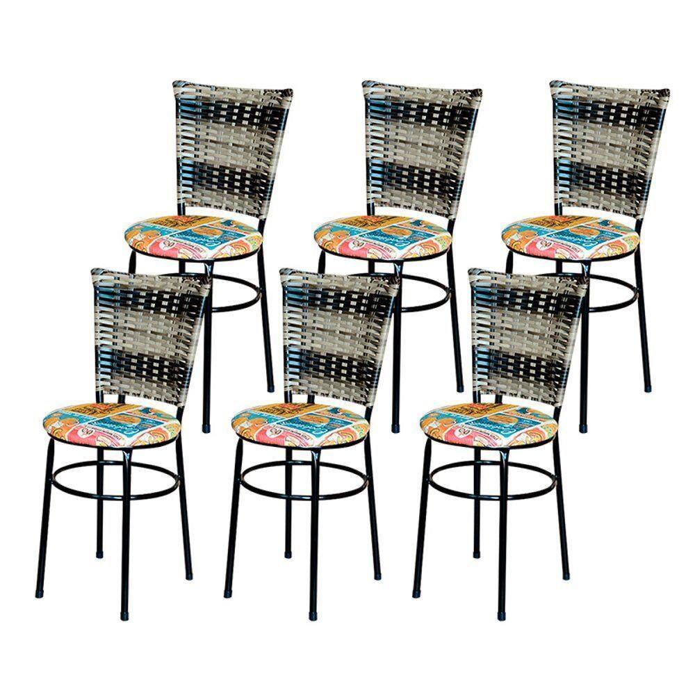 6 Cadeiras Para Cozinha Preta Hawai Cappuccino Premium Assento Floral Cor:happy Hour