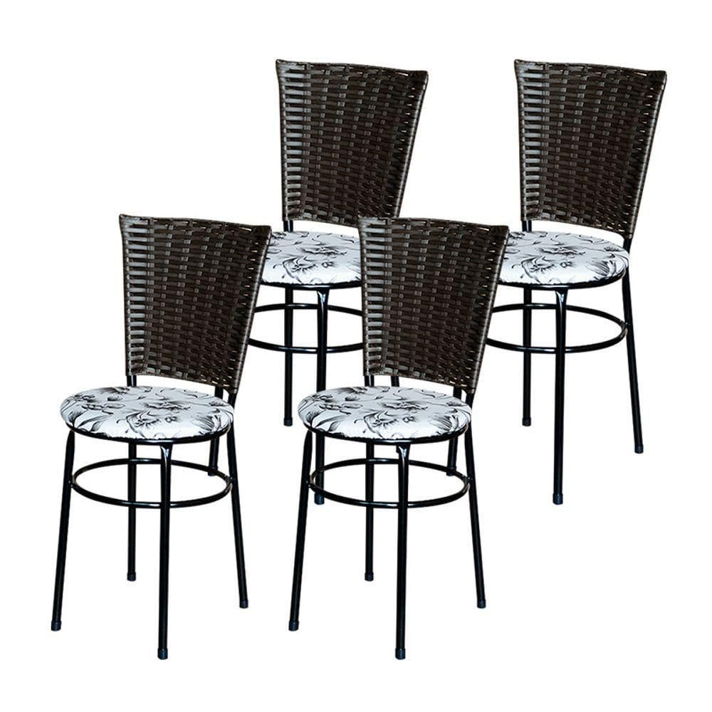 4 Cadeiras Preta Para Mesa Hawai Marrom Assento Floral Cor:floral Branco