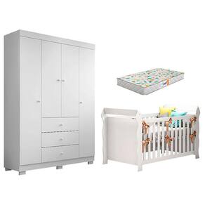 Berço Americano Lara e Guarda Roupa Duda 4 Portas Branco Brilho com Colchão Gazin – Phoenix Baby