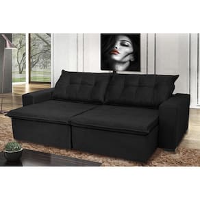 Sofá Montenegro 2,52 Mts Retrátil, Reclinável Com Molas E 2 Almofadas Lombar Tecido Suede Preto