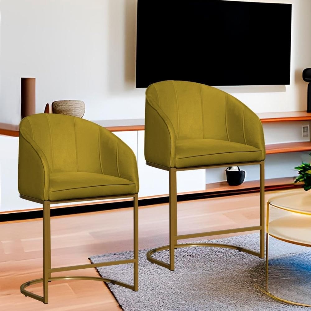 Kit 2 Poltronas Banqueta Decorativa Base Metal Mia Veludo Mostarda - LM DECOR