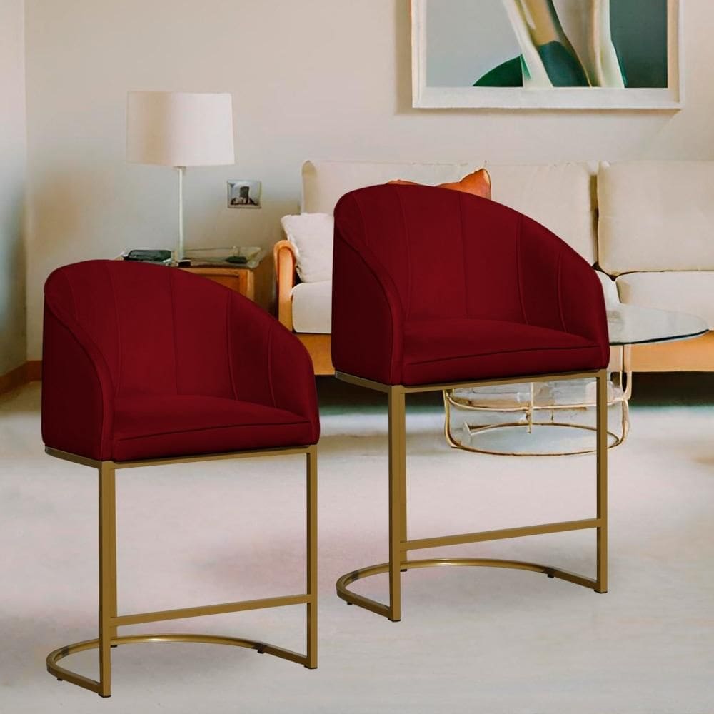 Kit 2 Poltronas Banqueta Decorativa Base Metal Mia Veludo Vermelho - LM DECOR