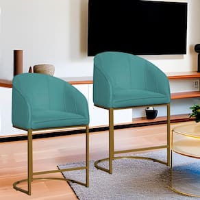 Kit 2 Poltronas Banqueta Decorativa Base Metal Mia Veludo Azul Turquesa - LM DECOR
