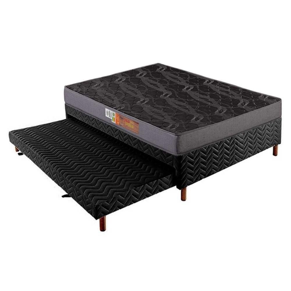 Cama Box c/Auxiliar Casal: Colchão Espuma Polar D20 Pérola Gray + Base CRC Suede Black(138x188)