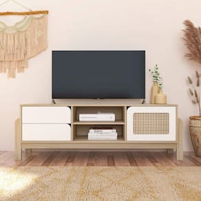 Rack Sala Tv 65 Nature C/ Gavetas Prateleiras E Porta Naturale/ Branco/ Palha