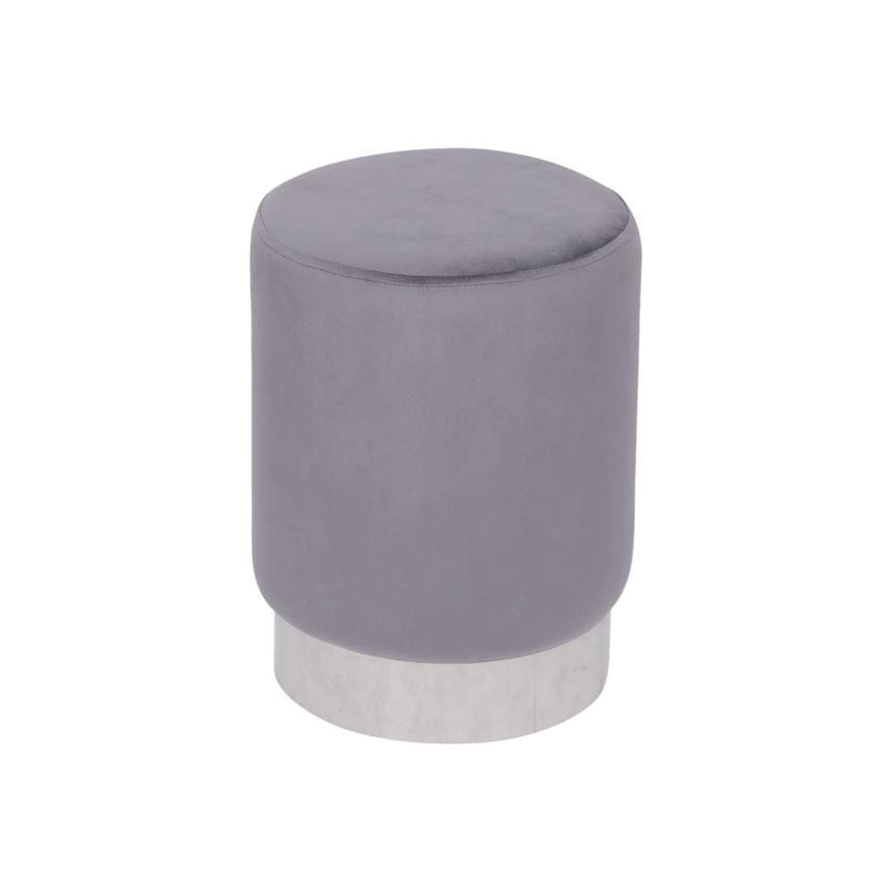Puff Velvet De Madeira Com Veludo Cinza Base Prata