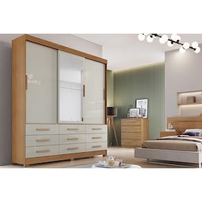 Guarda Roupa Solteiro 3 Portas e 9 Gavetas c/ Espelho Jequitibá/Buriti Freijo Cumaru c/ Fendi - Novo Horizonte