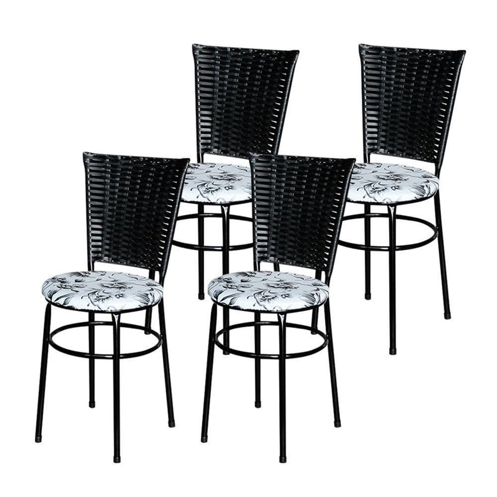 4 Cadeiras Preta Para Mesa Hawai Preta Assento Floral Cor:floral Branco