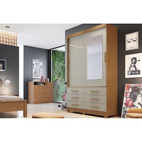 Guarda Roupa Solteiro 2 Portas e 6 Gavetas c/ Espelho Jequitibá/Buriti Freijo Cumaru c/ Fendi - Novo Horizonte