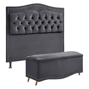 Conjunto Cabeceira E Calçadeira Holanda 140cm Veludo 2.0 Speciale Home Cinza Chumbo