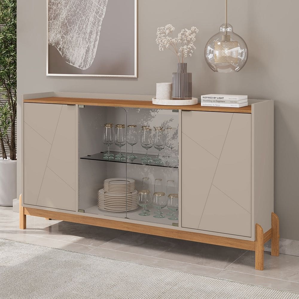Aparador Buffet Bari 04 Portas c/ Vidro Off White Cedro Casa D