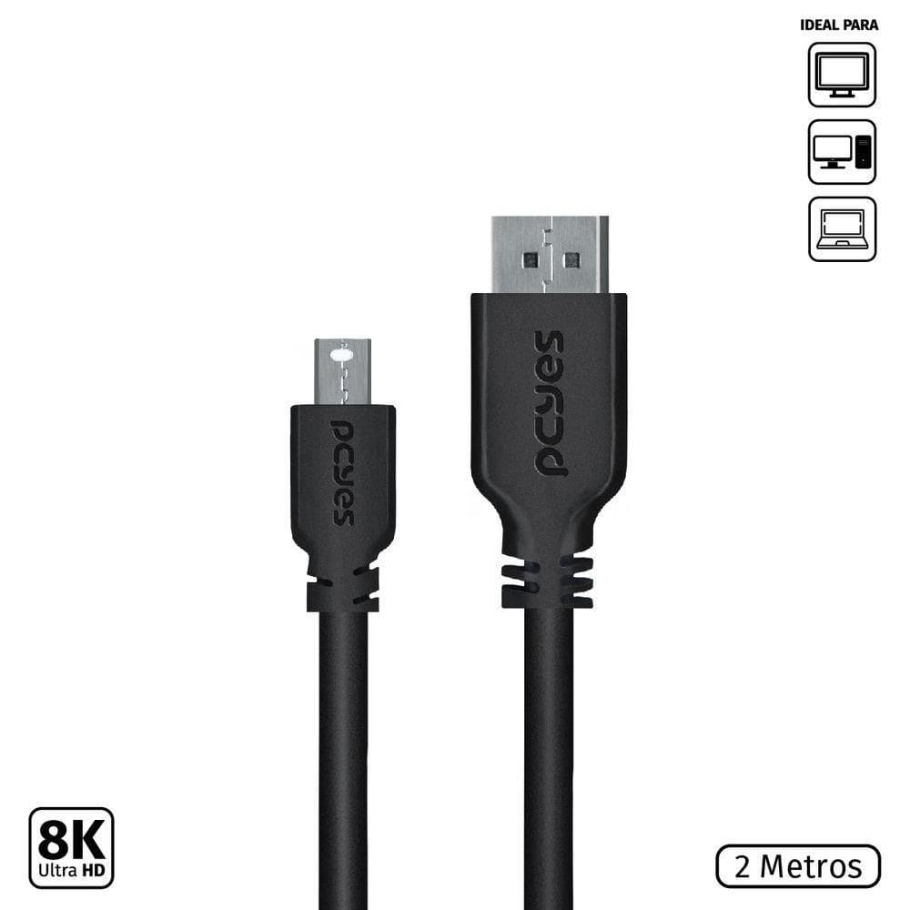Cabo Mini Displayport Macho Para Displayport Macho V.1.2 28Awg Puro Cobre 2 Metros - Pmddpm-2
