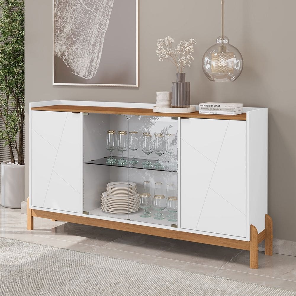 Aparador Buffet Bari 04 Portas c/ Vidro Branco Cedro Casa D