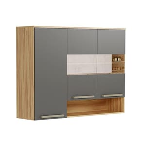 Armário Aéreo De Cozinha 3 Portas Vidro E Nicho 100% Mdf Napoli Prime Rio Doce Amendoa-chumbo