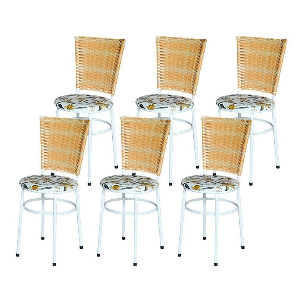 6 Cadeiras Para Mesa Branca Hawai Palha Assento Floral Cor:floral Orquídea