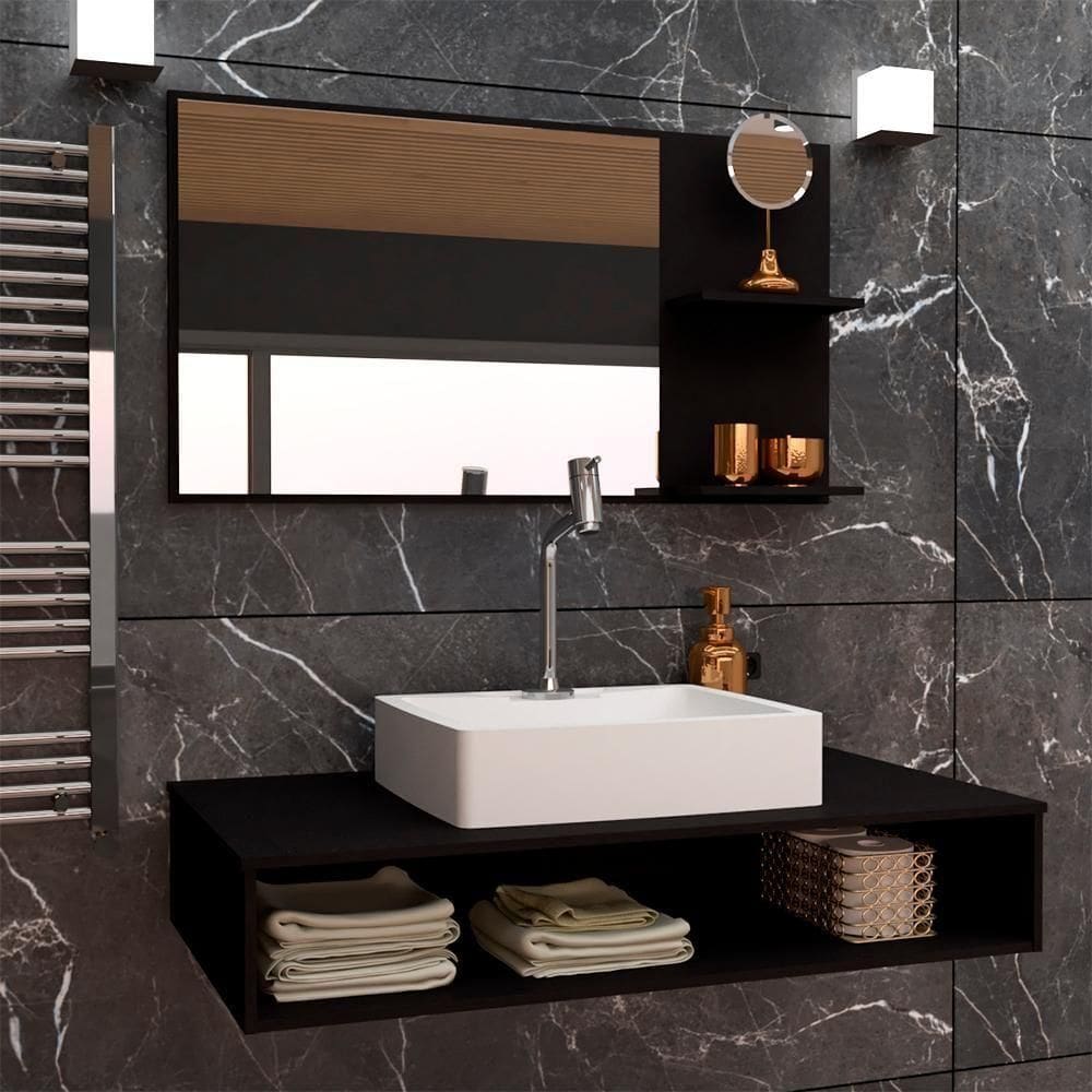 Conjunto Gabinete Banheiro Full Edition 80 Black C/cuba + Espelheira C/espelho + Torneira E Válvula