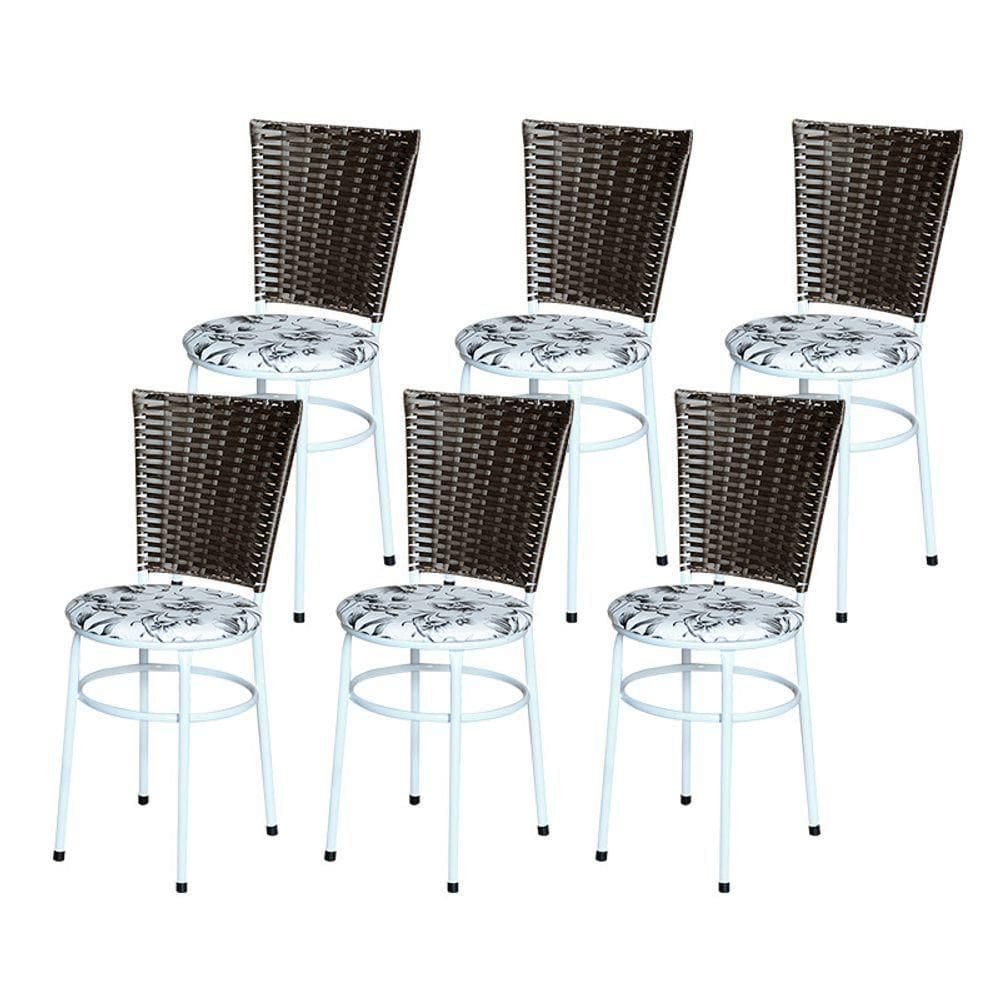 6 Cadeiras Para Mesa Branca Hawai Marrom Assento Floral Cor:floral Branco