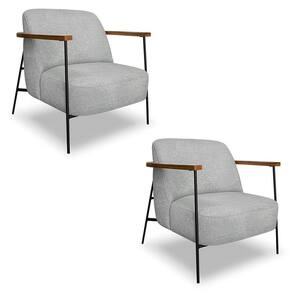 Kit 2 Poltronas Decorativa Celeste Linho Bouclê Cinza Claro Base De Ferro Preto - Pallazio