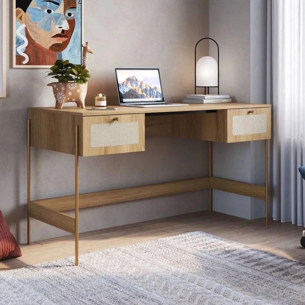 Escrivaninha 2 Gavetas 139cm Palhinha Pé Metal Oslo