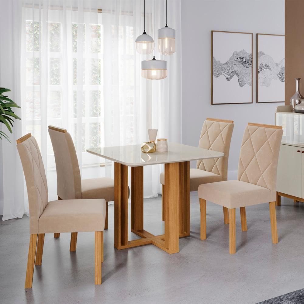 Conjunto Sala De Jantar Flora 94x94cm Tampo Mdf 4 Cadeiras Cimol Nature/off White/madeira/nude