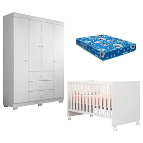 Berço Americano Mini Cama Doce Sonho 100 e Guarda Roupa Infantil Duda 4 Portas Branco Brilho com Colchão Ortobom – Phoenix Baby