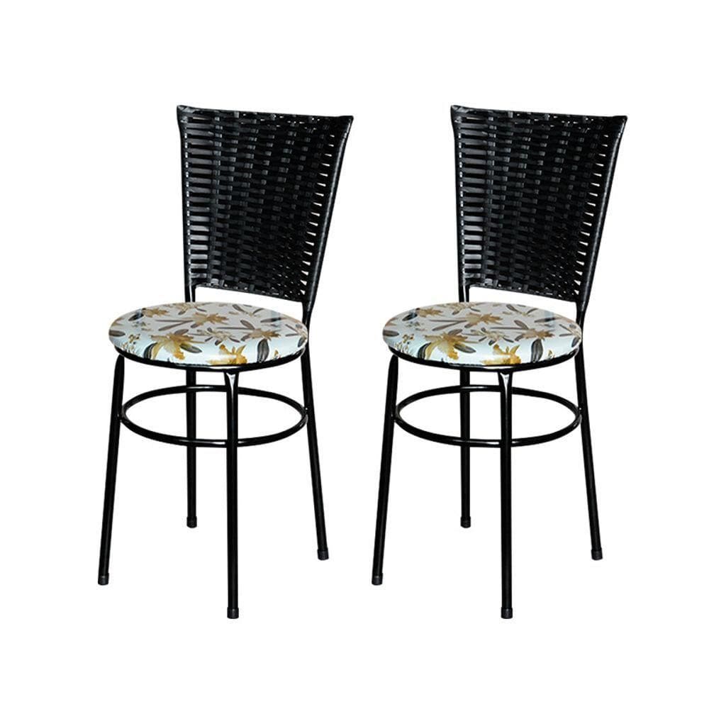 2 Cadeiras Pretas Para Cozinha Hawai Preta Com Assento Floral Cor:floral Orquídea
