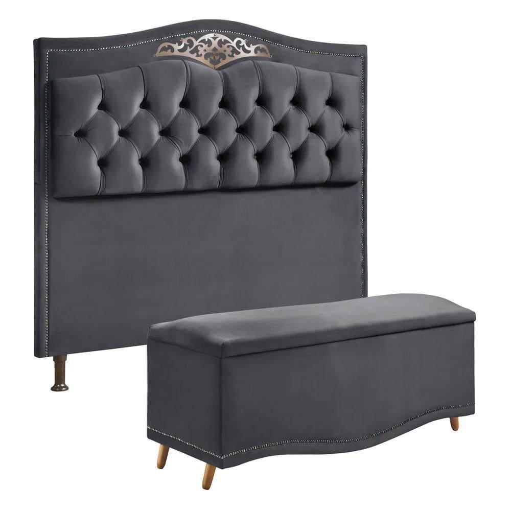 Conjunto Cabeceira E Calçadeira Holanda 90cm Veludo Star Confort Cinza Chumbo