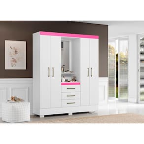Roupeiro Casal Capelinha Com Espelho Paris Branco / Rosa - Aramóveis