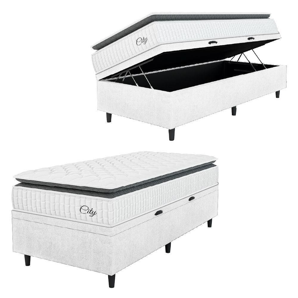 Cama Box Baú Colchão Solteiro Molas Ensacadas City Pillow Top 88x188x64cm Linho Branco / Preto Hellen Branco