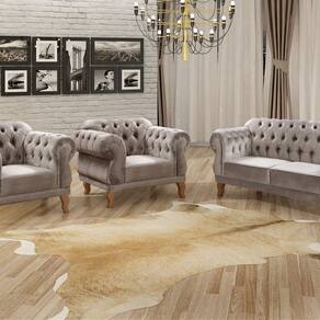 Conjunto Sofá Duquesa Chesterfield 2 Lugares e 2 Poltronas Cinza Capuccino