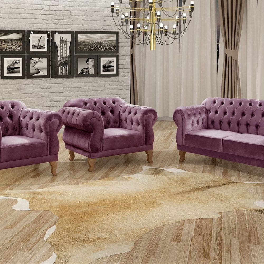 Conjunto Sofá Duquesa Chesterfield 2 Lugares e 2 Poltronas Roxo