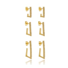 Trio de Brinco Argola J Reta Zircônia Cristal Banhado a Ouro